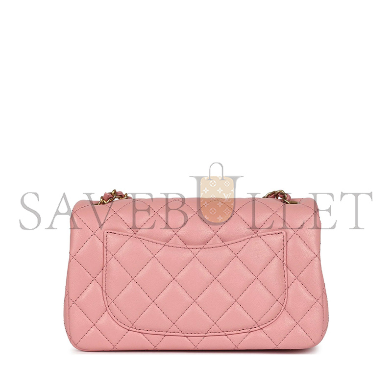 Ch**el MASTER MINI PEARL CRUSH RECTANGULAR FLAP DARK PINK LAMBSKIN BRUSHED GOLD HARDWARE (20*13*7cm)